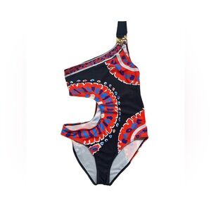 SWIMSUIT ~ One Piece Black/Multicolor Cut Out One Shoulder Swimsuit size L